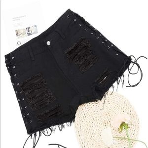 Plus Distressed Lace-Up Denim Shorts
